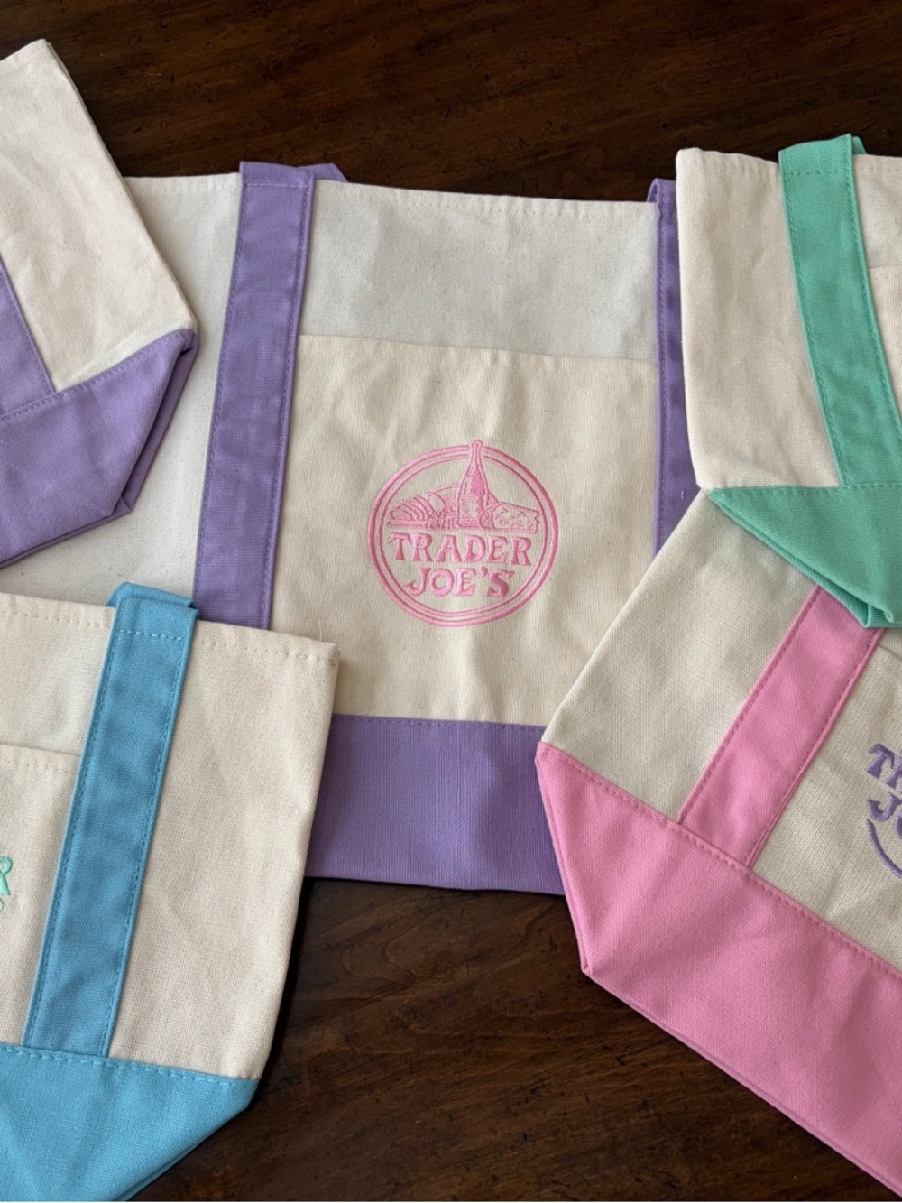 2026 Trader Joe's Large & Mini Pastel Canvas Tote Bag Set (1 Large, 4 Mini)